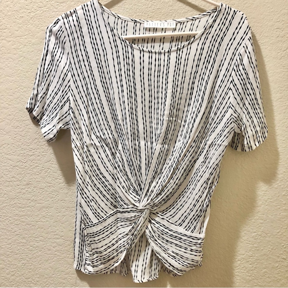 Potter's Pot White and Black Striped Twist-Front Short Sleeve Top